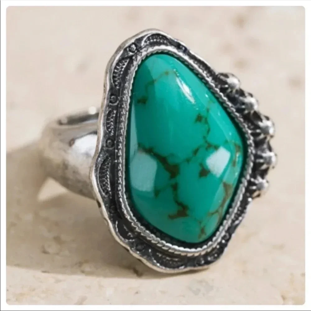 Boho Turquoise Statement Ring | Silver Stretch Western Jewelry